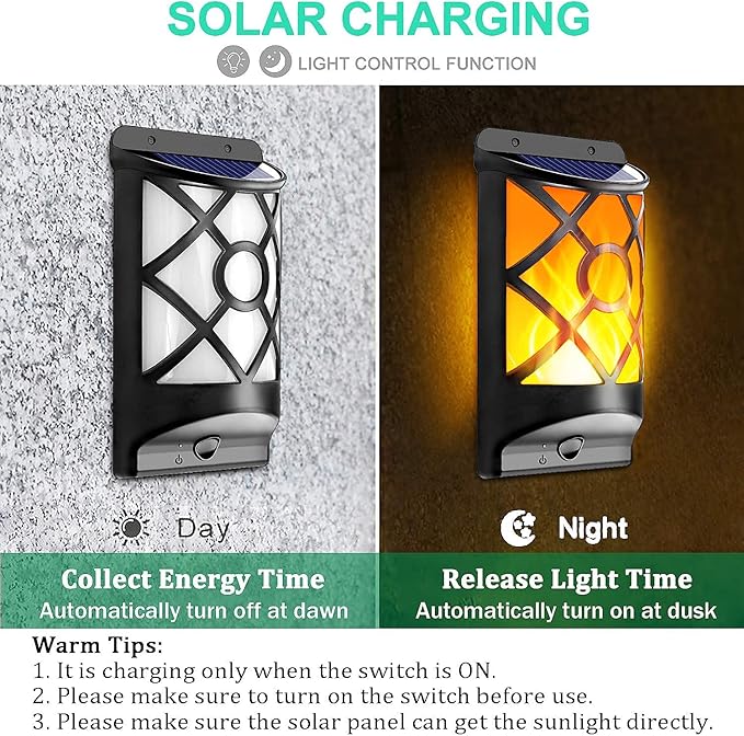 Wall Light Solar Flame Lantern, Black Art Deco, Dancing Flame Effect