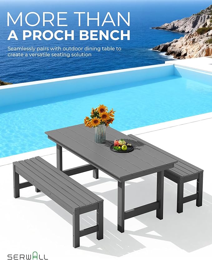SERWALL 47 Inches Outdoor Bench Set of 2, All Weather HDPE Backless Bench with Wood Grain Texture for Garden Porch and Park, Curved Bench Seat for Comfort, Grey