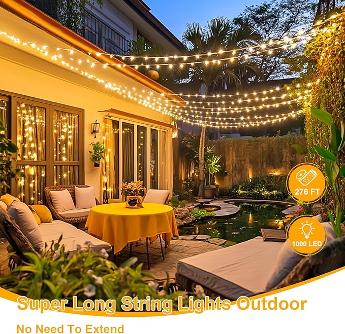 String Lights 272 Ft 1000 Warm White LEDs with Remote and 8 Modes