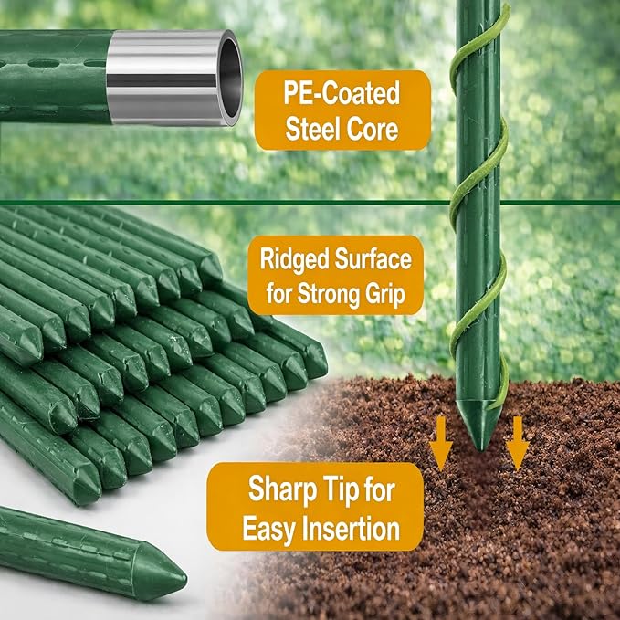 Garden Stakes 20 Pack, 16 Inch Plastic Coated Metal Tomato Stakes, DIY 4ft 5ft 6ft 7ft Plant Support Stakes with 14 Connectors 14 Rotatable Clips 14 Plant Clips for Indoor Outdoor Vegetables