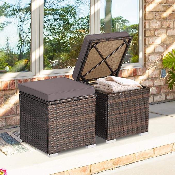 Tangkula 2 Pieces Patio Ottomans, Patiojoy Hand-Woven PE Rattan Side Table with Removable Cushion & Hidden Storage Space, Multifunctional Storage Box, Seats for Patio, Backyard, Poolside (Grey)