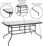 Flash Furniture Tory 31.5" x 55" Rectangular Tempered Glass Metal Patio Table with Umbrella Hole, Modern Rippled Glass Outdoor Dining Table, Black