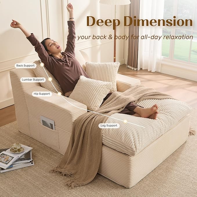 63" Chaise Lounge Chair Indoor, Set of Convertible Sleeper Sofa Couch with Throw Pillows & Side Pockets, Corduroy Upholstered Oversized Sofa Bed with Armrests for Living Room Bedroom, Beige