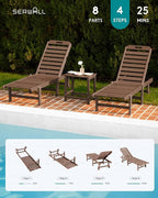 SERWALL Outdoor Chaise Lounge Set of 6, HDPE Pool Lounge Chair with 5-Position Adjustable Backrest, Patio Lounger with Rolling Wheels & Cup Holder for Pool, Brown