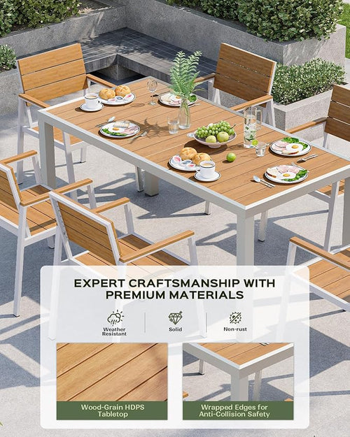 5-Piece Outdoor Dining Set, Aluminum Dining Table Set for 4, Patio Table and Chairs Set with Umbrella Hole, All Weather HDPS Outdoor Table and Chairs for 4 (White-Teak)