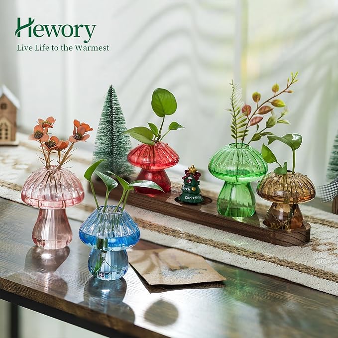 Terrarium Set of 5 Mushroom Glass Propagation Vases with Wooden Tray