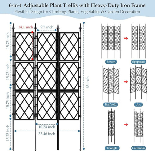5.25FT Metal Garden Trellis for Climbing Plants Outdoor and Indoor, Black Iron Pipe Support Fence Climbing Plant Frame Wall Trellis with Garden Twist Tie for Ivy Vines Vegetable Flower