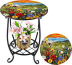 Outdoor Side Table Round Small Mosaic Patio Accent Indoor End Plant Coffee Tea Table for Yard Patio Porch Garden Living Room, Bedroom(Sunset Wildflowers Style,12 Inch)