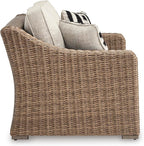 Signature Design by Ashley Beachcroft Casual Nuvella Weather Resistant Fabric, Resin Wicker Outdoor Loveseat with Cushion and 2 Accent Pillows, Dark Brown & Beige