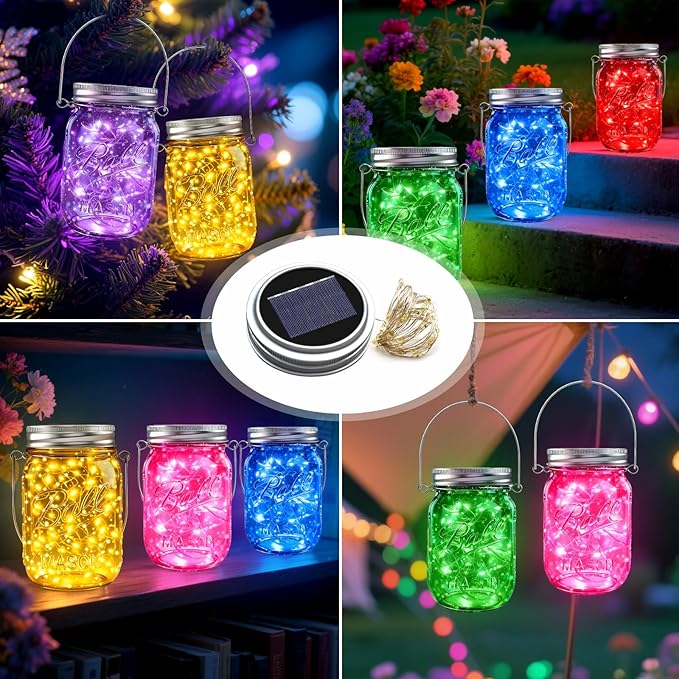 String Lights Solar Mason Jar Hanging Lights, 6 Mixed Colors