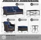 Joyside Wicker Patio Furniture Sets, 10 Pieces Upgraded Large Size Outdoor Furniture with 4 Swivel Rocking Patio Chairs, 3-Seat Sofa, Outdoor Ottoman, Thick Cushions, Wide Armrest, Blue