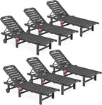 SERWALL Outdoor Chaise Lounge Set of 6, HDPE Pool Lounge Chair with 5-Position Adjustable Backrest, Patio Lounger with Rolling Wheels & Cup Holder for Pool, Grey