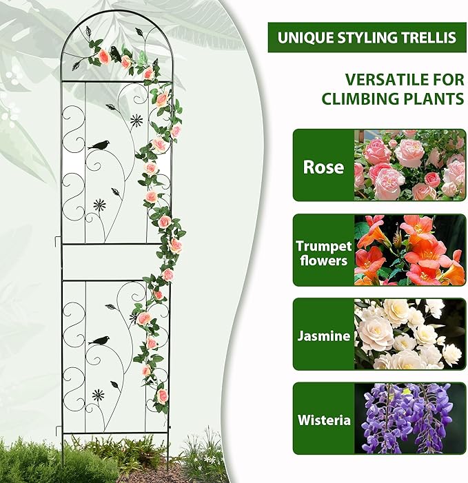 Metal Garden Trellis for Climbing Plants, 86.5" x 19.7" Metal Plant Trellis Outdoor, Black Iron Garden Trellis, Clematis Rrellis Outdoor, Arched Decoration Suitable for courtyards, lawns, Gard