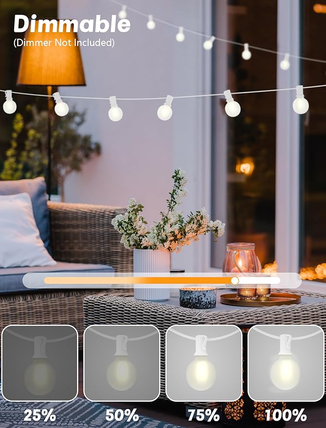 Indoor String Lights 50 FT Frosted White G40 LED Bulbs, Shatterproof