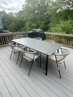 70" Patio Outdoor Dining Table for 6, Weather-Resistant Aluminum Frame with Wood-Grain Top & Umbrella Hole for Deck Gatherings, Grey