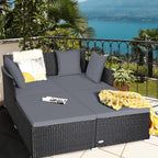 Tangkula Outdoor Rattan Daybed, Wicker Furniture with Spacious Seat, Upholstered Cushion & High-Resilience Sponge, Patio Sofa Set with 4 Pillows, 2-Person Sunbed for Poolside Backyard Garden & Balcony