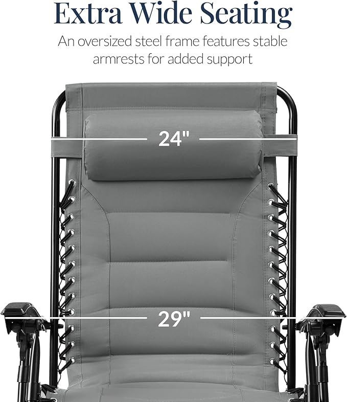 Best Choice Products Oversized Padded Zero Gravity Chair, Folding Outdoor Patio Recliner, XL Anti Gravity Lounger for Backyard w/Headrest, Cup Holder, Side Tray, Polyester Mesh - Ice Gray