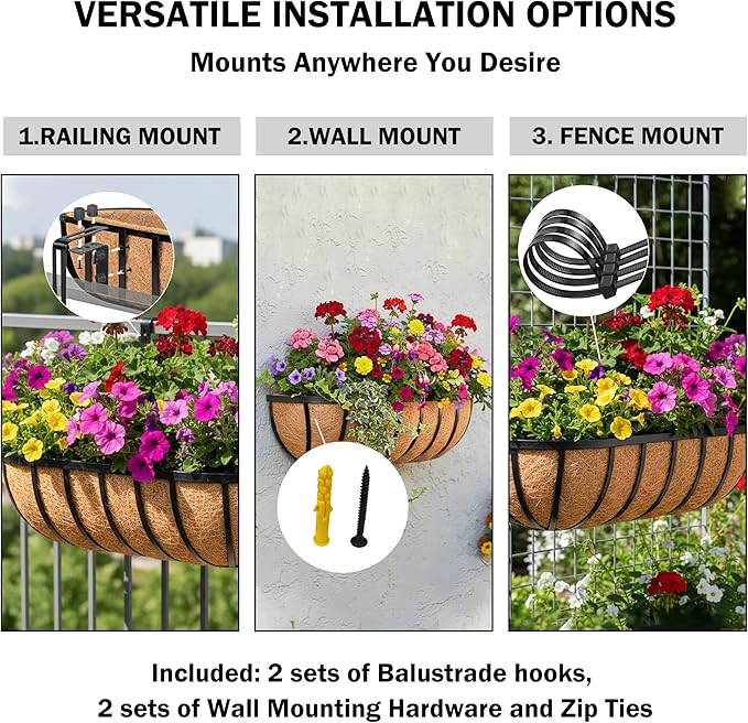 24“ Window Box Railing Planter with Coco Liner Metal Wall-Mounted Coconut Liner Planter Basket English Horse Trough Planters for Outdoor Deck Balcony Porch Fence Patio Black (2 Pack)