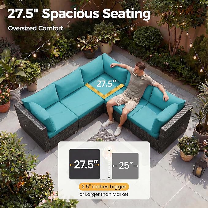 NICESOUL Big Size 9 Piece Patio Furniture Set with Fire Pit Natural Gas & Propane, 29.3'' High Back Comfy Outdoor Rattan Conversations, Wide Seats Couches for Outside, 2 Color Cushions Teal & Gray