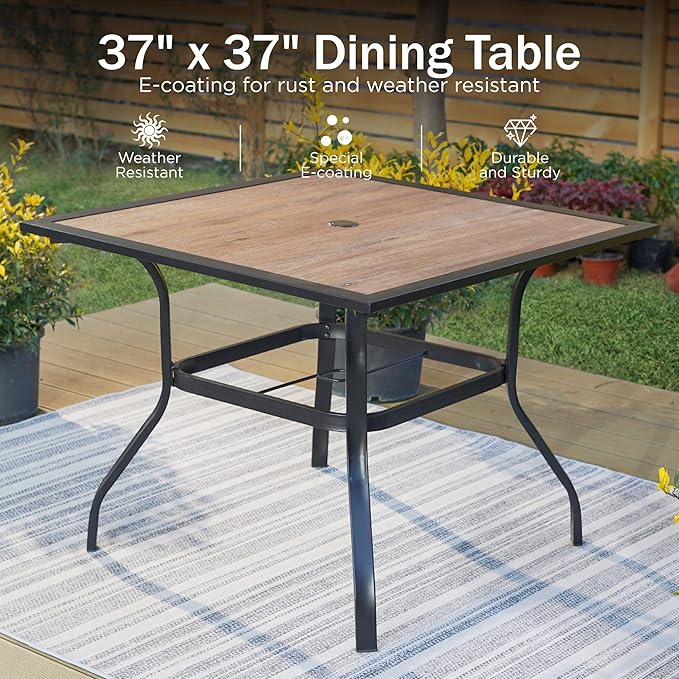PHI VILLA 5 Pieces Outdoor Dining Set for 4, 37" Square Wood-top Metal Table & Wrought Iron Swivel Chairs, All Weather Large Outside Furniture with Cushions & Pillows for Patio, Deck, Porch