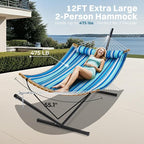 SUPERJARE Hammock with Stand, 2 Person Heavy Duty Hammock with Padded Cotton, Detachable Pillow & Strong Curved-Bar & Portable Carrying Bag, Perfect for Outdoor & Indoor, Blue Stripe