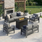 Solaste Aluminum Outdoor Patio Furniture Set with 43" Fire Pit Table, 7 Seats Patio Sectional Sofa with 5" Thick Cushion, Outdoor Patio Set for Porch, Backyard, Deck, Yard, Grey