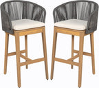Christopher Knight Home Zax Set of 2 Patio Barstool, Acacia Wood & Rope Outdoor Counter Stool with Backrest/Footrest, Barstool Chairs with Cushion Seating for Backyard Balcony Garden, Beige+Gray+Teak