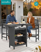 SERWALL Outdoor Bar Table Set (1 Table with 2 Chairs) – HDPE Grey Patio Bar Cabinet with 4-Tier Storage & Spacious Tabletop, Perfect for Outdoor, Poolside, Backyard