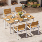 Outdoor Dining Set for 4, Aluminum Patio Table and Chairs Set with Umbrella Hole, 5 Piece HDPS Outdoor Furniture Set for Patio, Garden (White & Teak)