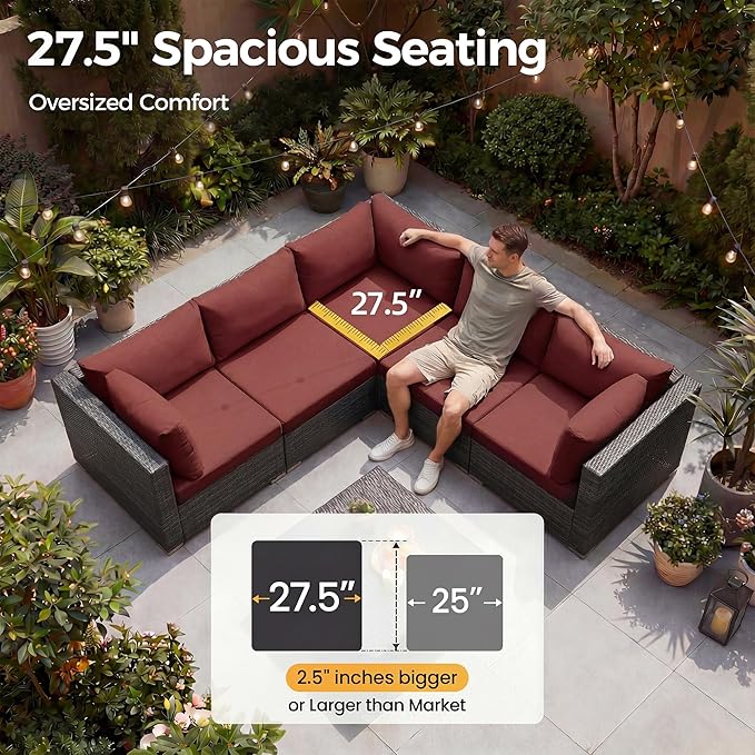 NICESOUL 9 Piece Extra Large Outdoor Patio Furniture Set with Firepit Table Natural Gas/Propane, 29.3'' High Back Gray Wicker Sectional Sofa, Deep Sitting Conversation,2 Color Cushion Burgundy & Gray