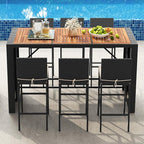 Tangkula 7 Piece Patio Wicker Bar Set, Patiojoy Outdoor Acacia Wood Bar Height Table & 6 Rattan Bar Stool Chairs with Backrest and Footrest, for Bistro Garden Balcony