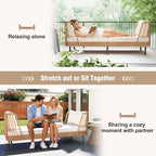 Tangkula Patio Rattan Daybed Set of 2, Boho Outdoor Wicker Lounge Sofa with Seat & Back Cushions, 2-Seat Bench Sun Lounger Chair with Robust Metal Legs for Deck, Backyard, Porch, Poolside (Off White)