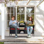 Conversation Set Patio Loveseat with Built-in Coffee Table, Red PE Rattan