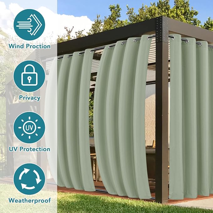 Outdoor Curtains 4 Panels, Sage Green, Waterproof, 54x95 Inch