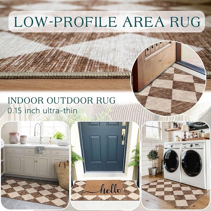 Outdoor Rug, Checkered Brown and Beige Entryway Mat, 2 x 4 Ft 3 In