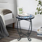 LIFFY Outdoor Side Table,12" Round Ceramic Tile Tabletop Accent Table with Metal Frame, Indoor Small Decorative Plant Stand & End Table for Home, Patio, Garden