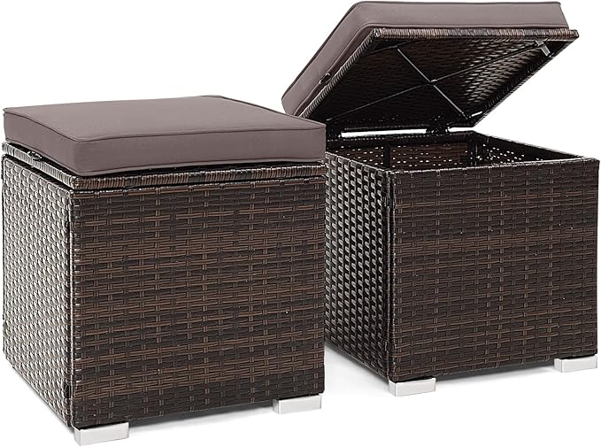 Tangkula 2 Pieces Patio Ottomans, Patiojoy Hand-Woven PE Rattan Side Table with Removable Cushion & Hidden Storage Space, Multifunctional Storage Box, Seats for Patio, Backyard, Poolside (Grey)