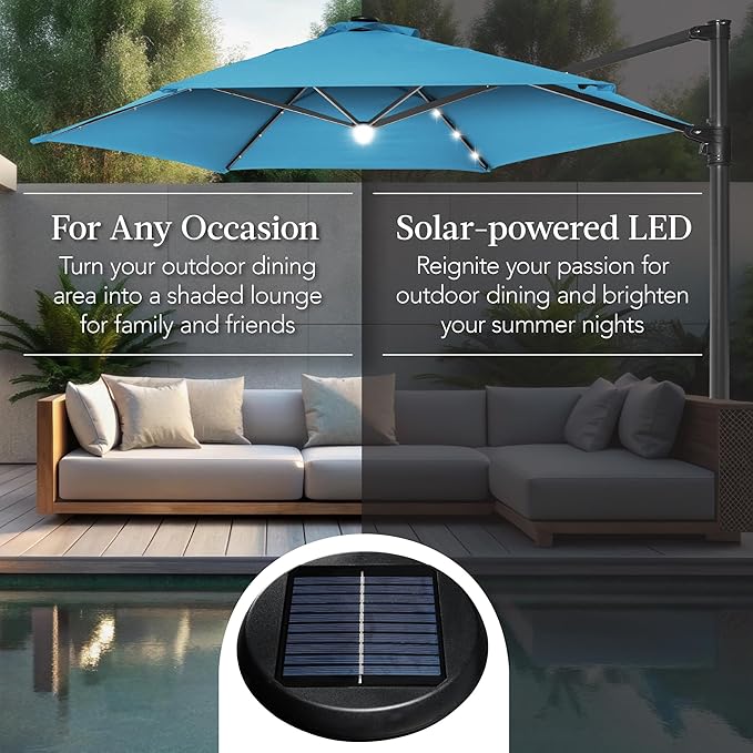 Best Choice Products 10ft Solar LED Offset Cantilever Hanging Market Patio Umbrella, Smooth 360° Rotation, 8 Sturdy Ribs, Easy Adjustment - Sky Blue