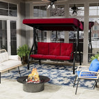 U-MAX Porch Swing Chair with Adjustable Backrest&Canopy, 3 Seat Patio Swing with Canopy 2-in-1 Convertible Outdoor Swing with Canopy Patio Daybed with Removable Burgundy Cushions