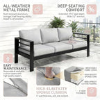 Kiss the Water Outdoor Couch Aluminum Patio Furniture Sofa, 3 Seat All-Weather Metal Patio Couch with 5" Thick and Soft Cushion and Wide Arm, Outdoor Sofa for Balcony, Porch