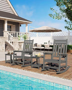 HDPE Rocking Chair Outdoor Set of 2 with Side Table - Poly High Back Porch Rocker Chairs for Adults - All Weather Resistant Furniture for Patio Front Porch - Gray