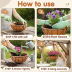 14 inch Metal Hanging Baskets For Plants Outdoor 4 Pack Round Metal Wire Hanging Basket Planter with Coco Fiber Liners Plant Holder for Garden, Patio, Deck, Porch Plants Flower Potss Outdoor(Grid)