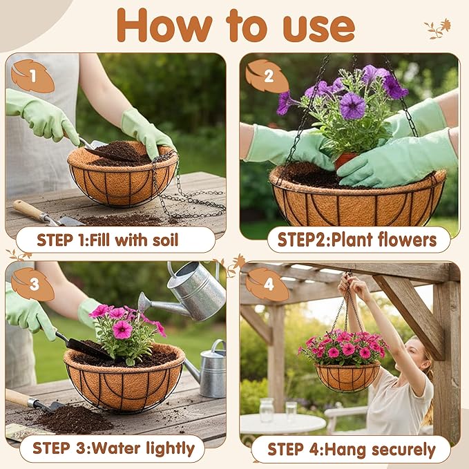 12 inch Metal Hanging Baskets for Plants Outdoor 4 Pack Round Metal Wire Hanging Basket Planter with Coco Fiber Liners Chain Round Wire Plant Holder for Garden, Patio, Deck, Outdoor(Grid)