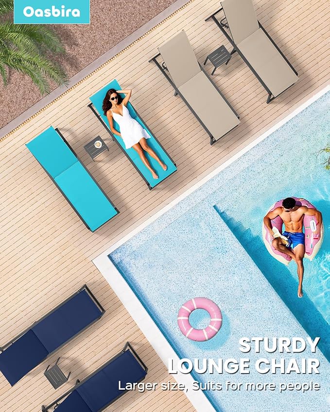 Aluminum Chaise Lounge Chair Outdoor, Foldable & Assembly Free Patio Pool Lounge Chairs 5-Position Recliner for Outside Poolside, Fully Grounded Legs Sun Lounger for Beach, Yard, Navy Blue