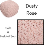 BIRDROCK HOME Square Pouf Ottoman | Cotton Braided Foot Stool with Bean Bag Filling | Boho Foot Rest for Living Room, Bedroom | Compact & Comfortable Seating, Lightweight & Sturdy | Dusty Rose