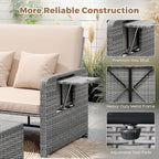 HAPPYGRILL Patio Rattan Wicker Daybed with Loveseat & Storage Ottoman, Outdoor Lounge Sofa Furniture Set with Adjustable Backrest & Side Trays, for Poolside Deck Porch Lawn (Mix Grey & Beige)