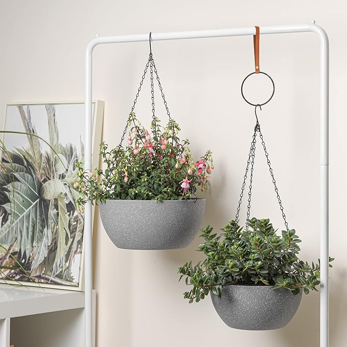 T4U Hanging Planters for Indoor Plants, 10 Inch Hanging Planter Outdoor 2 Pack, Hanging Basket with Drainage Holes, Hanging Plant Holder Indoor, Flower Pots, Plant Pots for Garden, Grey