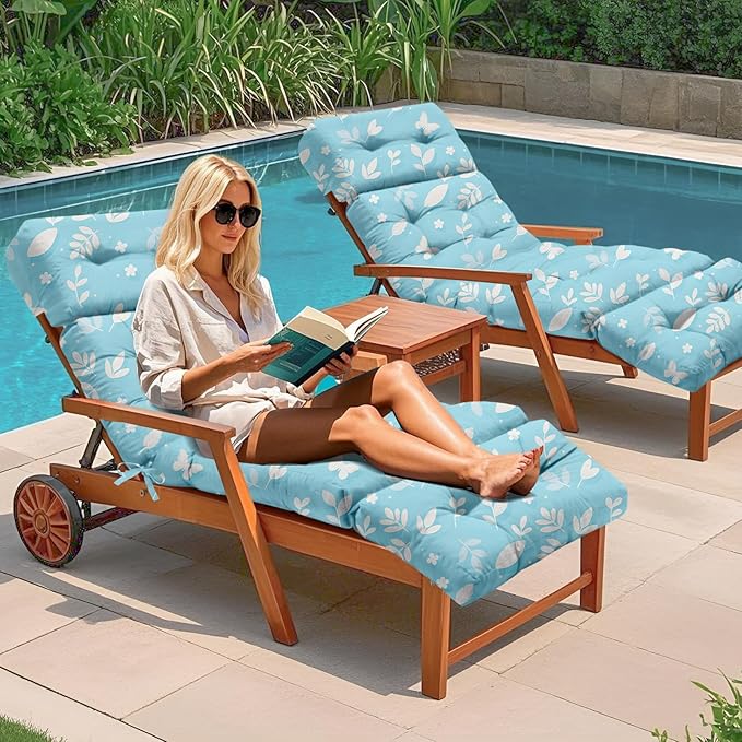 4 Pack Outdoor Chaise Lounge Chair Cushion 75.1 x 22.8 x 4.7 Inches 100% Waterproof Replacement Cotton Patio Pool Lounge Chair Cushion for Outdoor Furniture with Ties, Blue Butterfly