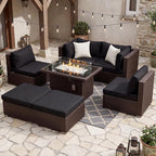 NICESOUL 29.3'' High Back Patio Set with Firepit Propane & Natural Gas, 7 Piece Oversized Large Wicker Outdoor Sectional Couche Sets, Heavy Duty Backyard Furniture, Brown Rattan and Black Cushion