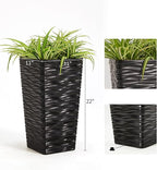 Worth Garden 2-Pack Black Tall Planter - Plastic Square Tapered Tree Plant Pots with Drainage Hole for Indoor Outdoor - 22" H Modern Wavy Finish Decorative Flower Pots for Front Porch Patio Deck